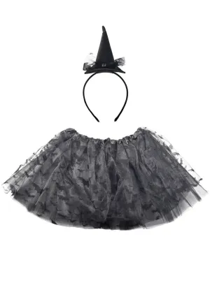 Bat Black Girls Tutu and Mini Witch Hat Halloween Costume Set