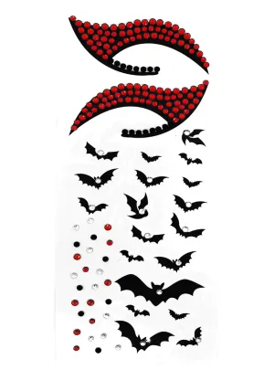 Bats Black And Red Halloween Temporary Face Tattoos And Jewels Set