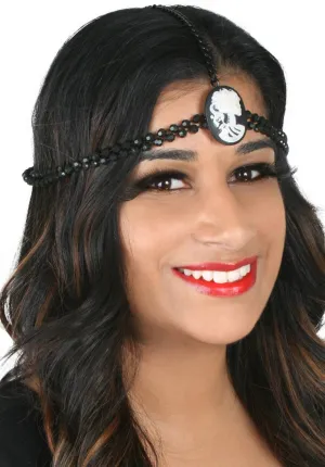 Beaded Black Head Chain with Skeleton Cameo