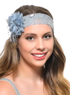 Beaded Grey Lace Floral 1920s Gatsby Headband Costume Accessory