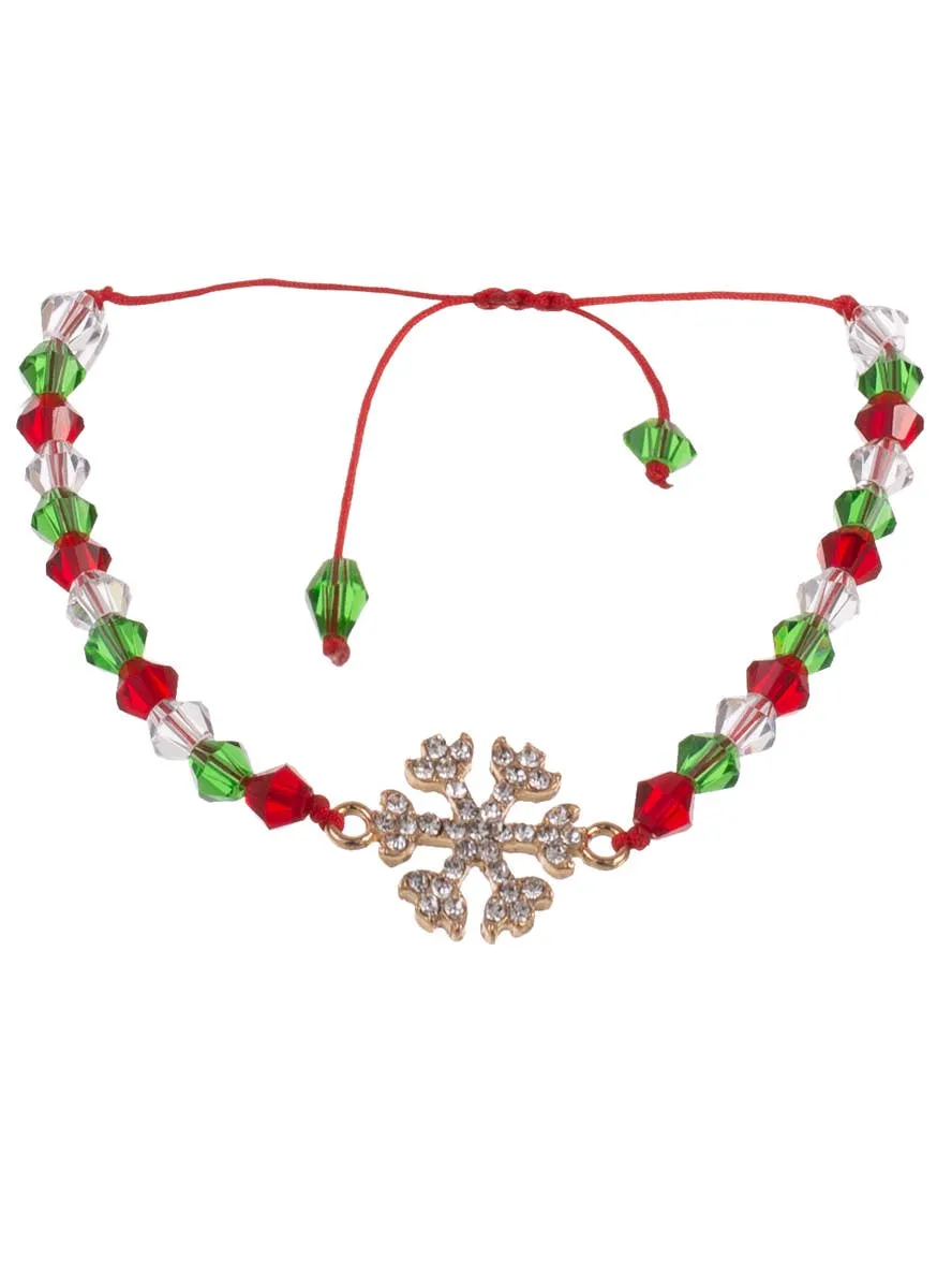 Beaded Red and Green Christmas Bracelet with Gold Snowflake