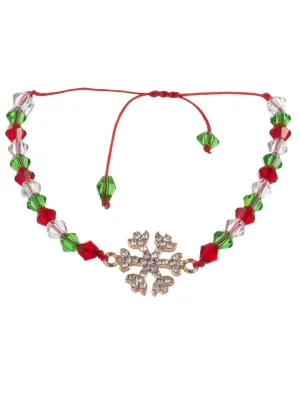 Beaded Red and Green Christmas Bracelet with Gold Snowflake