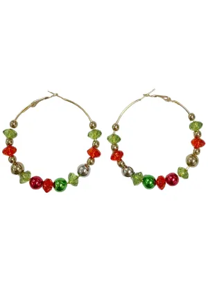 Beaded Red and Green Gold Hoop Christmas Earrings