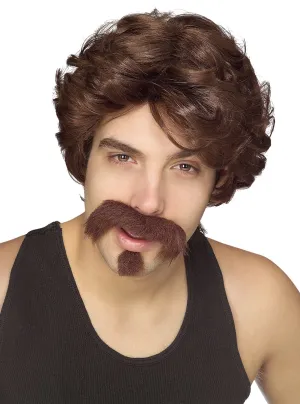 Big Jon Mens Brown 80s Costume Wig And Moustache Set