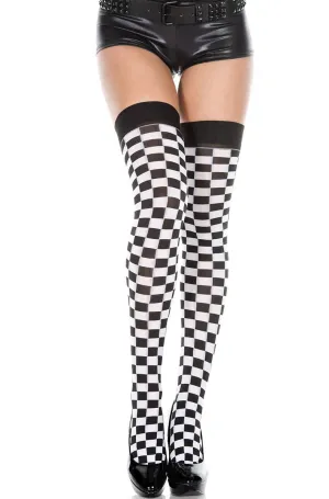 Black & White Chequered Thigh High Stockings