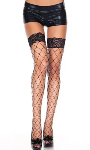 Black Diamond Net Thigh High Stockings with Lace Top