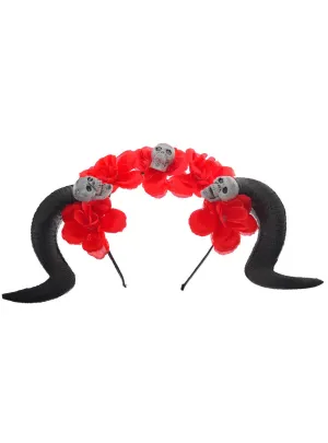 Black Goat Horns on Red Floral Headband with Skulls