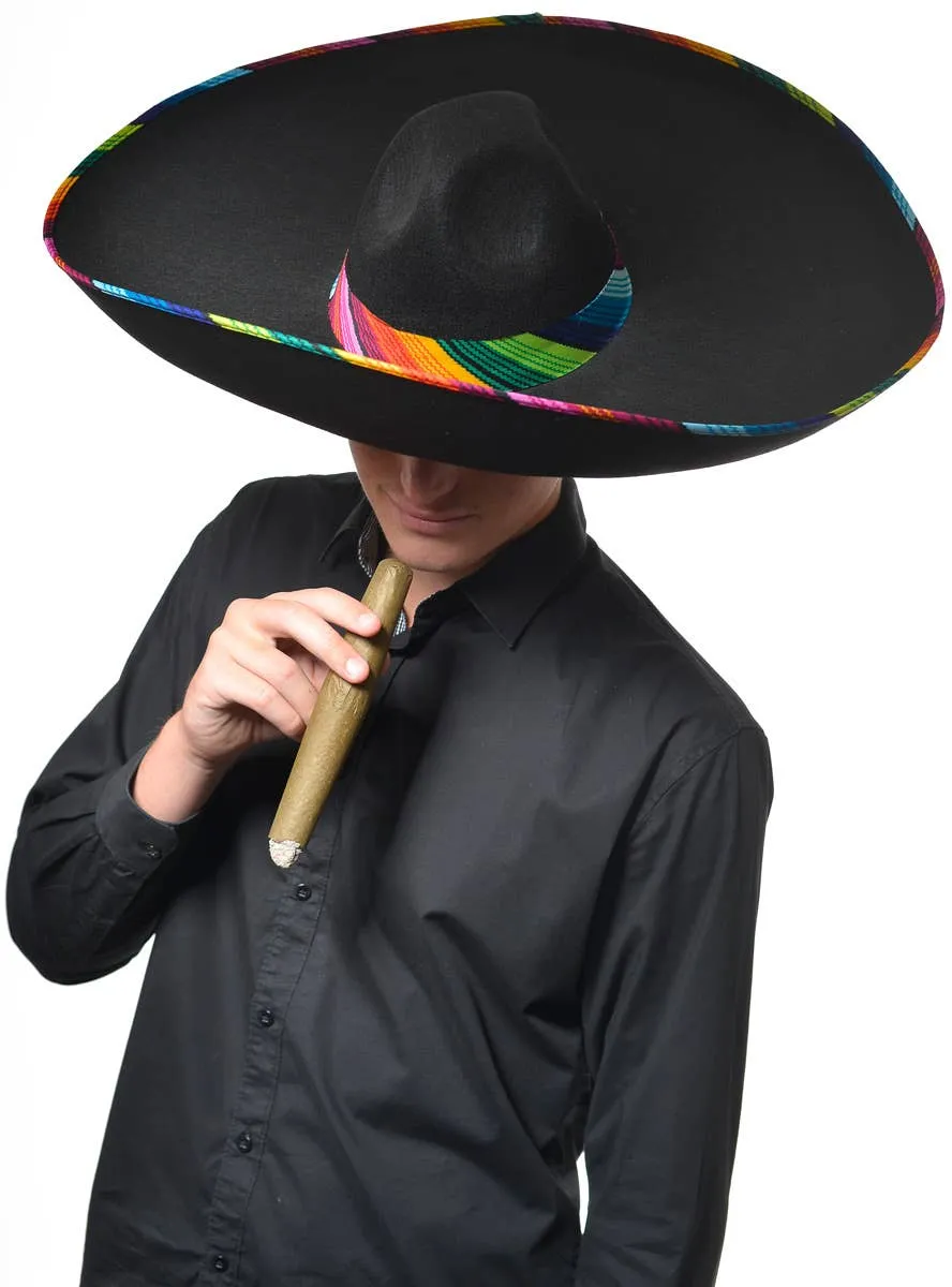 Black Large Mexican Sombrero Hat with Rainbow Trim