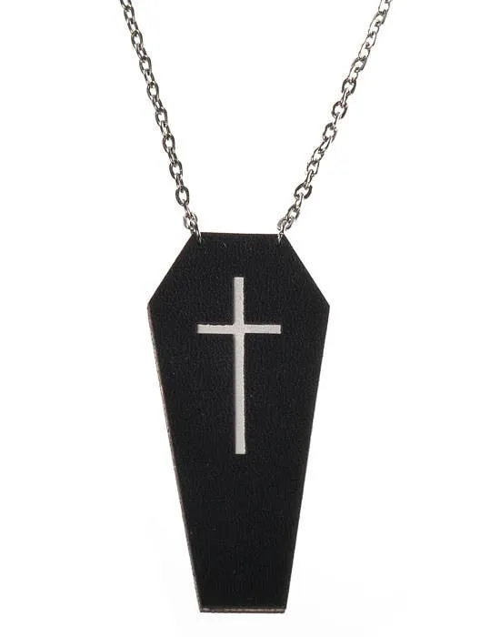 Black Leather Coffin with White Cross Halloween Necklace