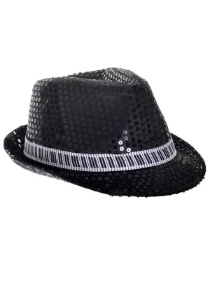 Black Sequin Fedora Costume Hat with Piano Key Band