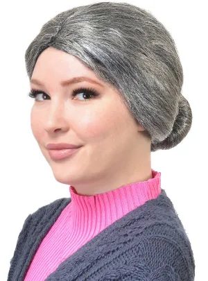 Blended Grey Womens Old Lady Hair Bun Costume Wig