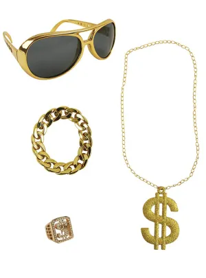 Bling Gold Hip Hop Glasses and Jewellery Costume Accessory Set