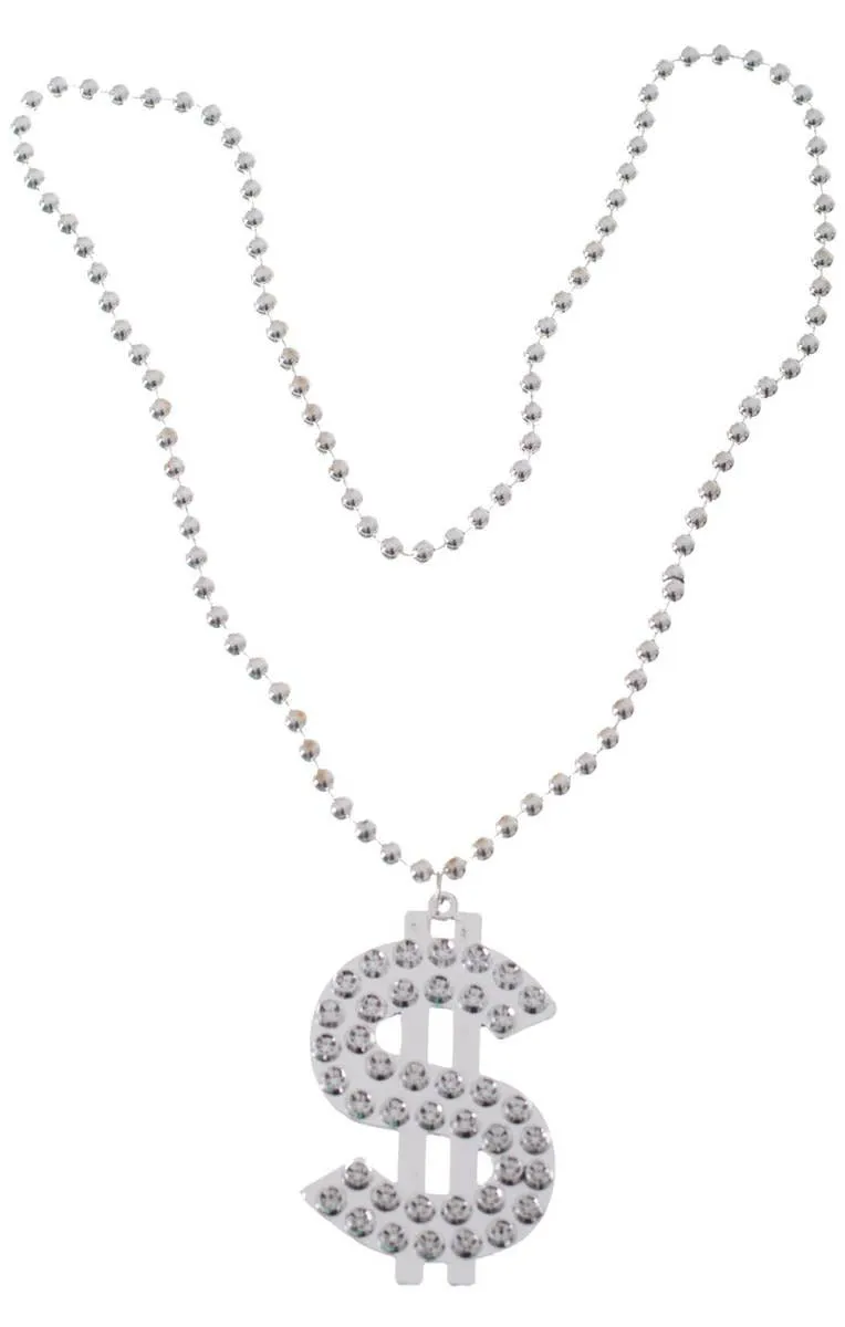 Bling Silver Beaded Dollar Sign Costume Necklace
