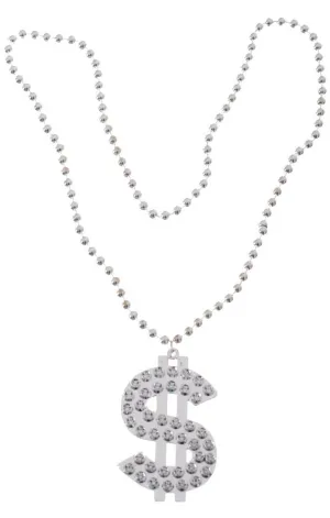 Bling Silver Beaded Dollar Sign Costume Necklace
