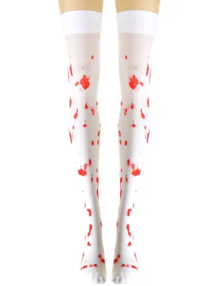 Blood Splatter Womens White Thigh High Halloween Stockings