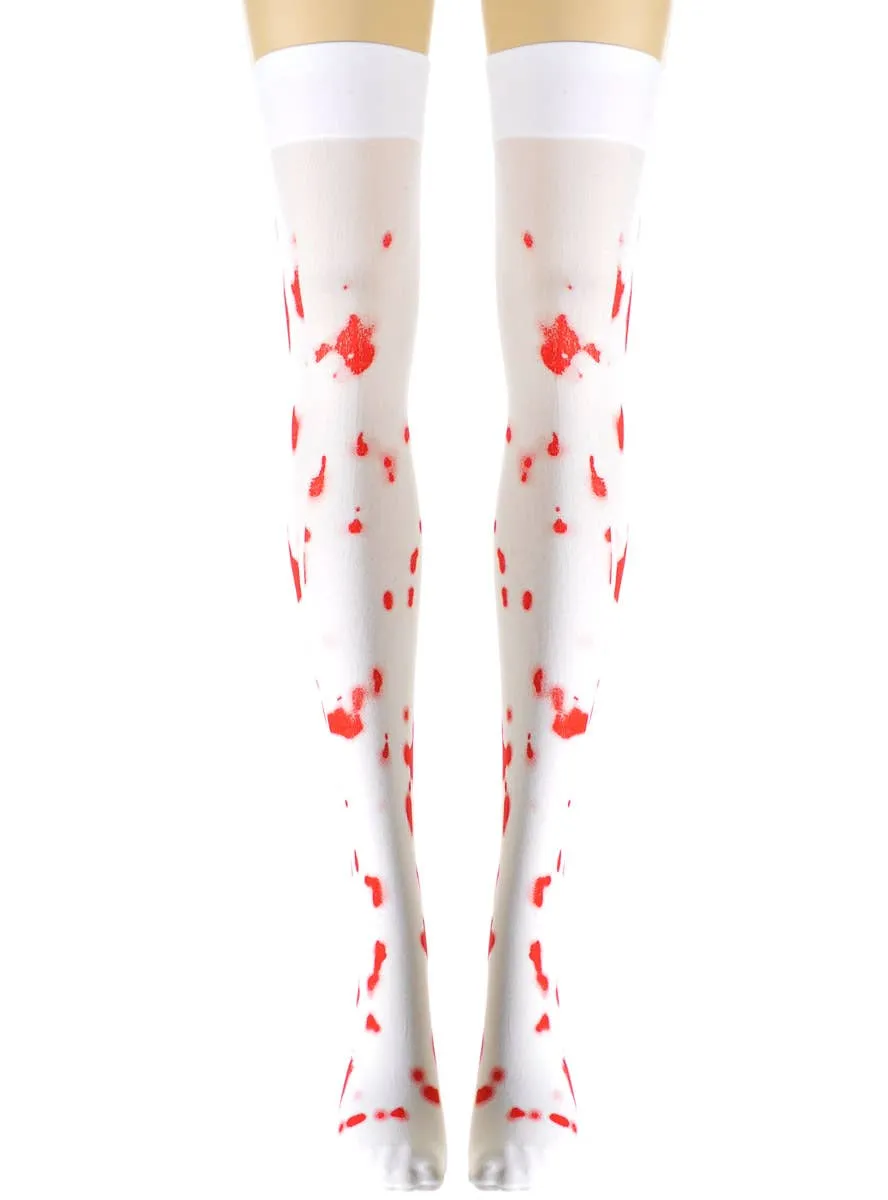 Blood Splatter Womens White Thigh High Halloween Stockings