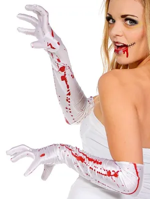 Blood Splattered Long White Halloween Gloves