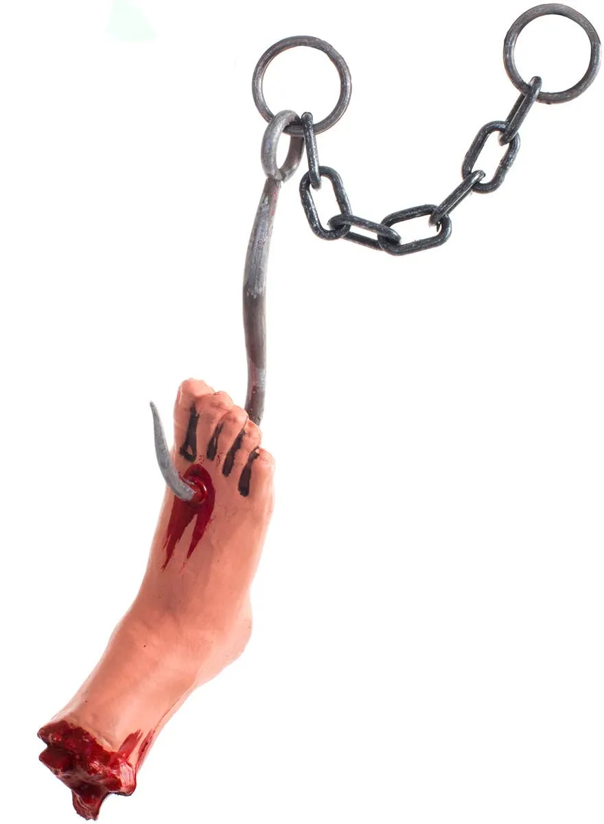 Blood Splattered Severed Foot on Hook Halloween Decoration