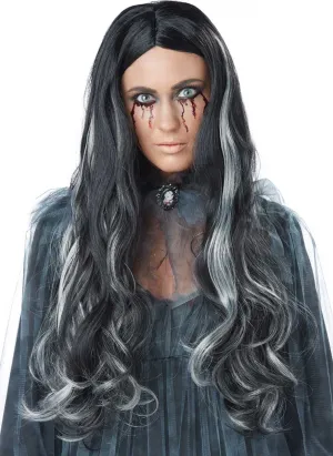 Bloody Mary Womens Long Black and White Halloween Wig