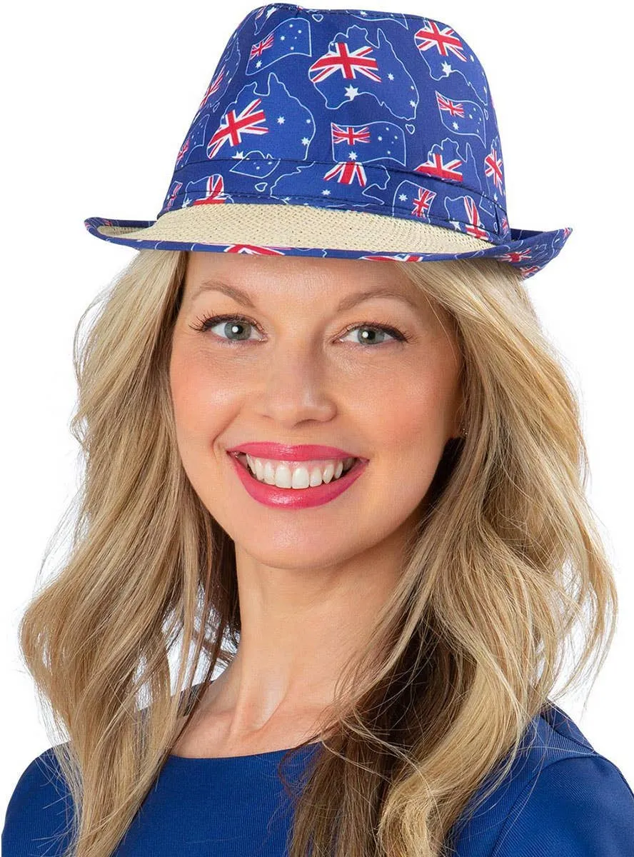 Blue Australian Flag Print and Woven Straw Trilby Hat