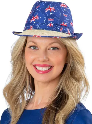 Blue Australian Flag Print and Woven Straw Trilby Hat