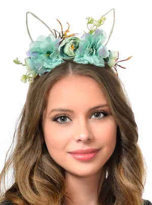 Blue Watercolour Flowers on Headband with Bunny Ears