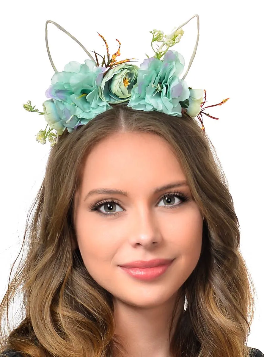 Blue Watercolour Flowers on Headband with Bunny Ears