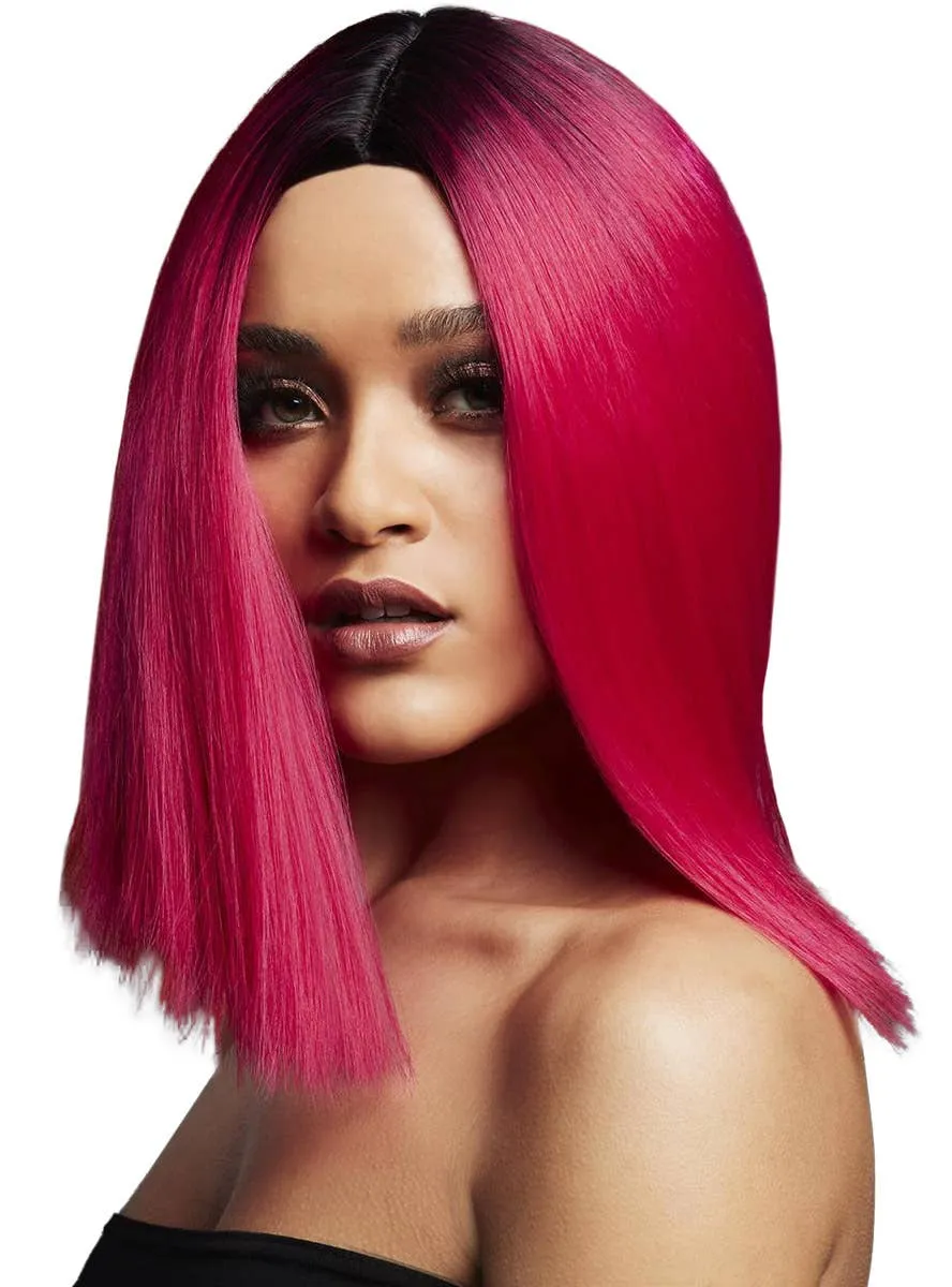 Blunt Cut Womens Magenta Pink Bob Wig with Dark Roots