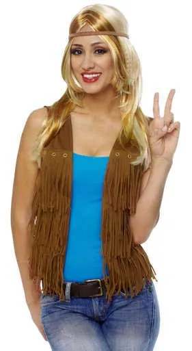 Bohemian Womens Brown 60s Hippie Costume Vest