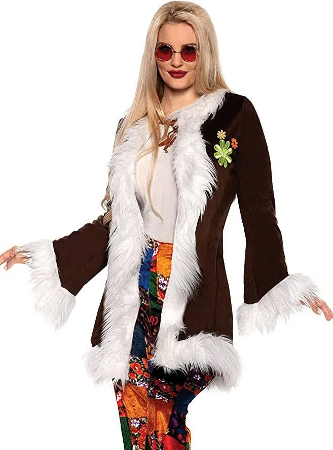 Boho Womens Furry Brown 1970s Hippie Costume Jacket