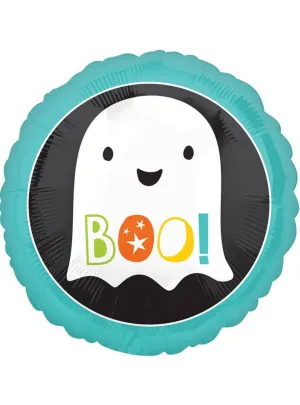 BOO Happy Ghost Print 45cm Round Foil Halloween Balloon