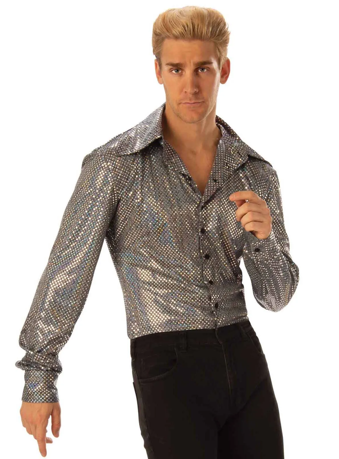Boogie Man 70s Disco Silver Holographic Mens Costume Shirt