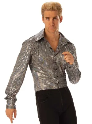 Boogie Man 70s Disco Silver Holographic Mens Costume Shirt