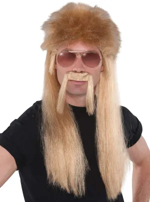 Bounty Hunting Mens Blonde Mullet Wig and Moustache Set