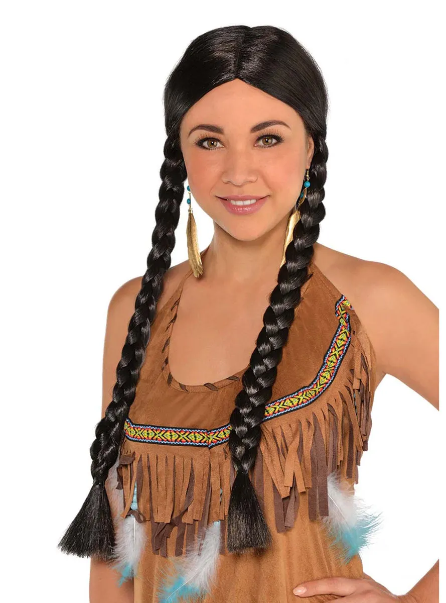 Braided Native American Womens Black Costume Wig