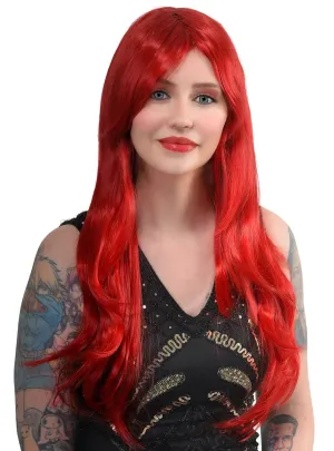 Bree Long Bright Red Wavy Womens Costume Wig with Side Fringe