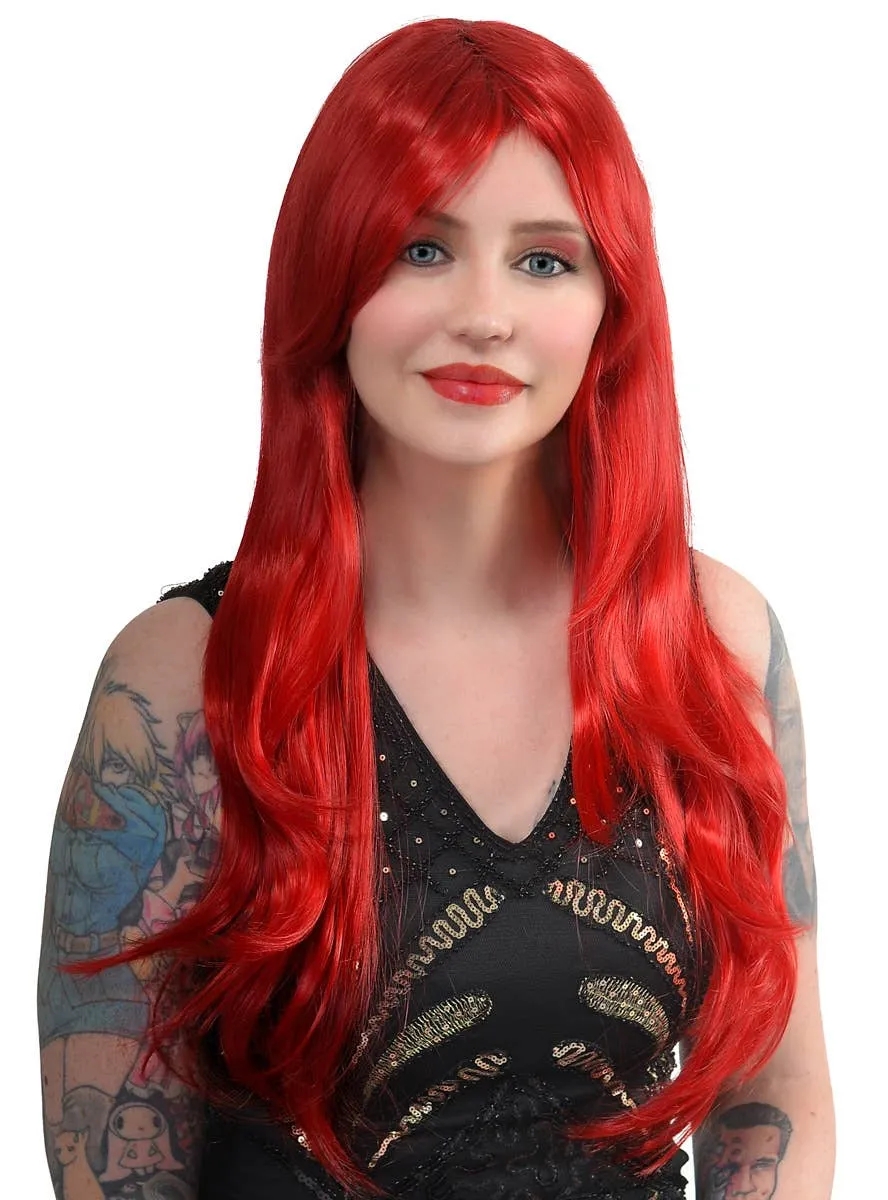 Bree Long Bright Red Wavy Womens Costume Wig with Side Fringe