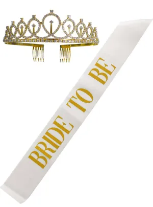 Bride To Be White Sash and Gold Tiara Set