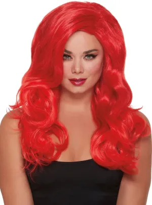 Bright Red Long Wavy Womens Costume wig with Side Part