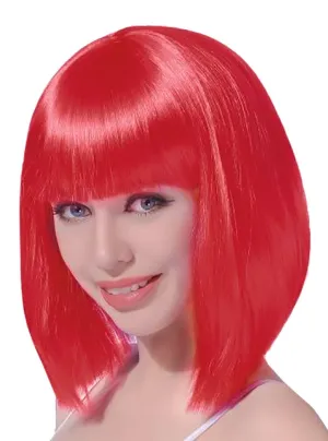 Bright Red Womens Short Bob Costume Wig with Fringe