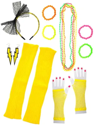 Bright Yellow 12 Piece 1980s Costume Accessory Set