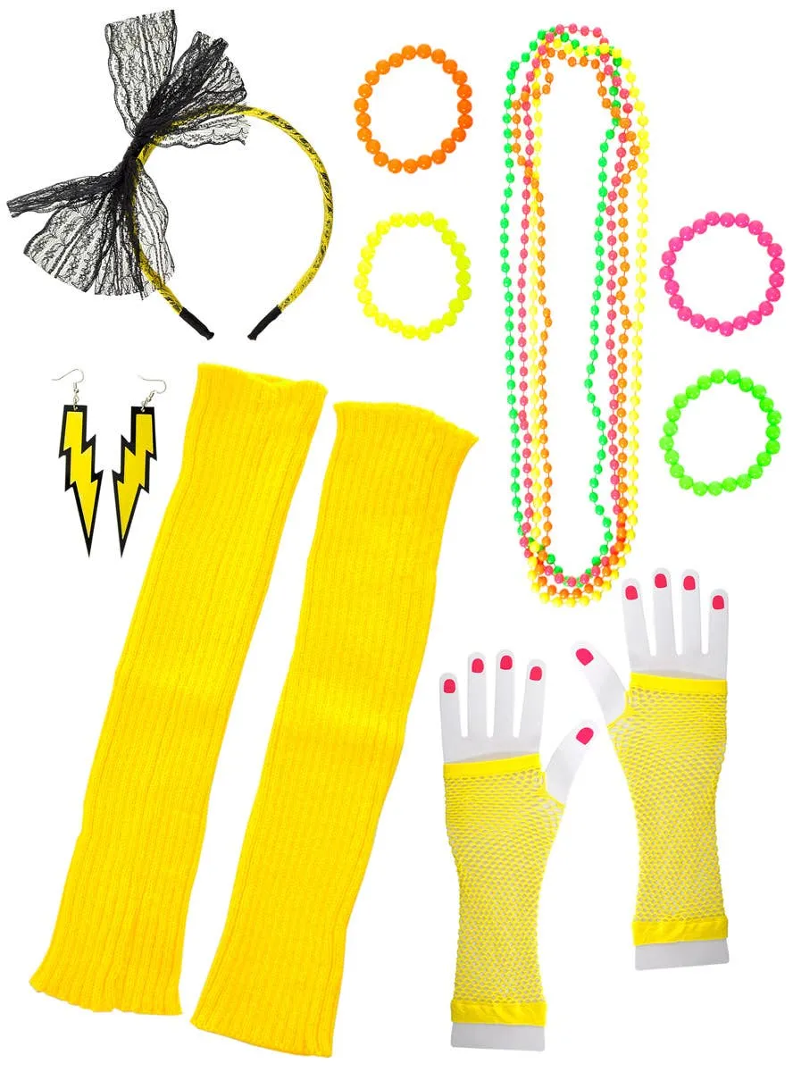 Bright Yellow 12 Piece 1980s Costume Accessory Set