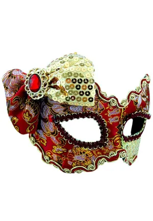 Brocade Red and Gold Sequined Bow Masquerade Mask on Glasses Arms