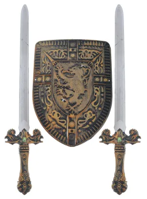 Bronze Medieval Knight Shield and Swords Weapon Set
