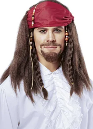 Buccaneer Mens Brown Pirate Wig with Bandanna