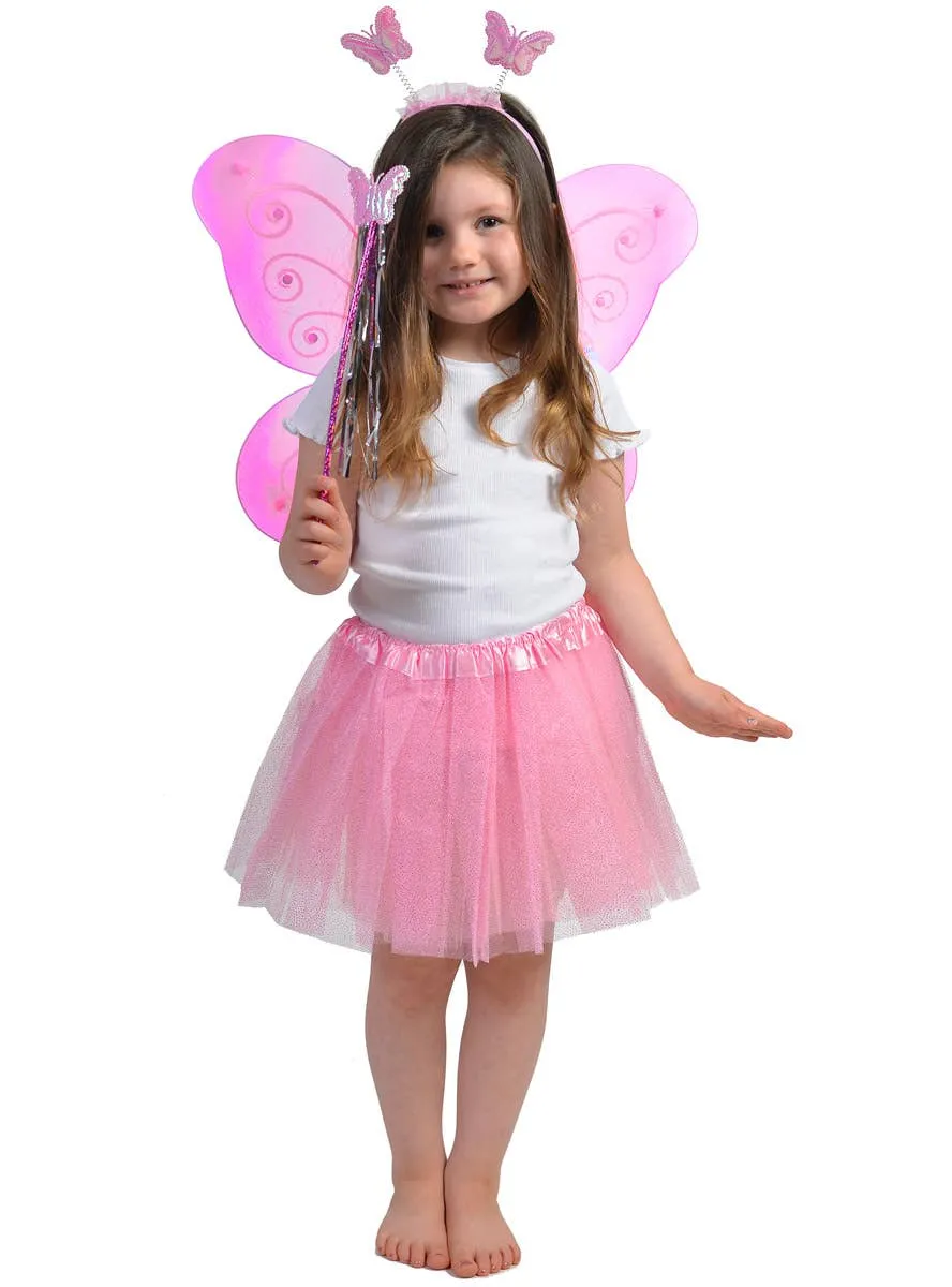 Butterfly Fairy Girls Neon Pink Costume Wings and Wand Set