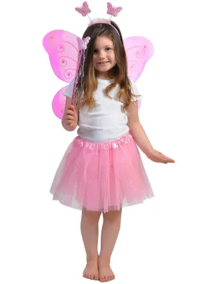 Butterfly Fairy Girls Neon Pink Costume Wings and Wand Set