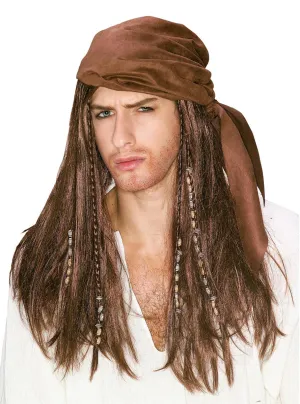 Caribbean Pirate Mens Long Brown Costume Wig With Bandanna