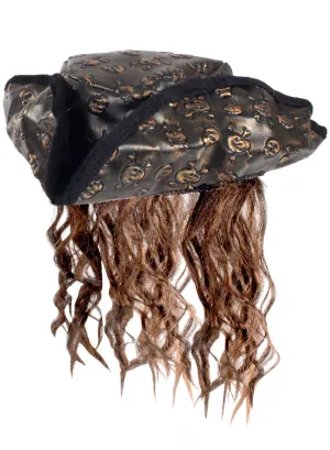 Caribbean Skull Pirate Costume Hat with Hair