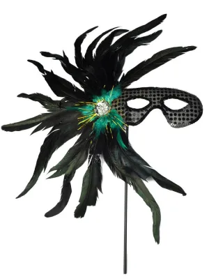 Carnival Flat Feather Black Stick Masquerade Mask